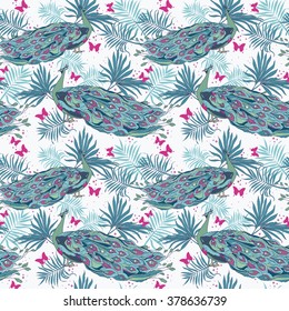 seamless background with beautiful peacocks and palm leaves, vector illustration