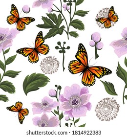 A seamless background with beautiful pink flowers and with butterflies. Vector illustration