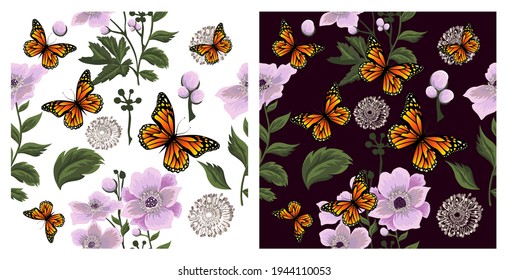 A seamless background with beautiful pink flowers and with butterflies. Dark and light background. Vector illustration