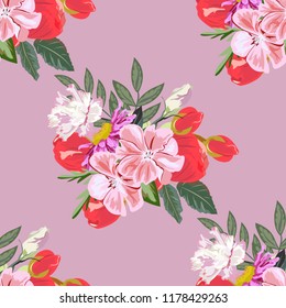 Seamless background with beautiful pink and red flowers. Design for cloth, wallpaper, gift wrapping. Print for silk, calico and home textiles.Vintage natural pattern