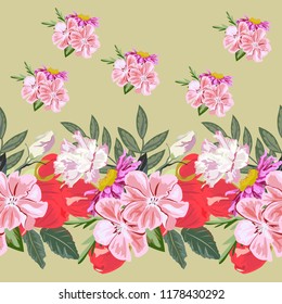 Seamless background with beautiful pink and red flowers. Design for cloth, wallpaper, gift wrapping. Print for silk, calico and home textiles.Vintage natural pattern