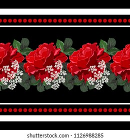 Seamless background with beautiful red roses. Design for cloth, wallpaper, gift wrapping. Print for silk, calico and home textiles.Vintage natural pattern. Horizontal border.