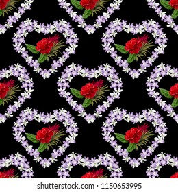 Seamless background with beautiful red roses and hearts of lovely little flowers. Design for cloth, wallpaper, gift wrapping. Print for silk, calico and home textiles.Vintage natural pattern