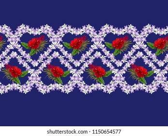 Seamless background with beautiful red roses and hearts of lovely little flowers. Design for cloth, wallpaper, gift wrapping. Print for silk, calico and home textiles. Horizontal border.