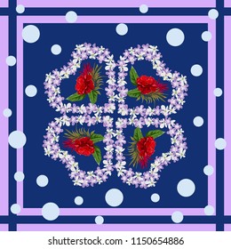 Seamless background with beautiful red roses and hearts from cute little flowers.Square flower arrangement. Pattern for printing on scarves, postcards, carpets, bandanas, napkins, home textiles.