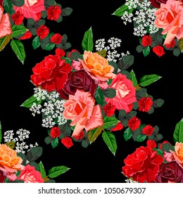 Seamless background with beautiful roses. Design for cloth, wallpaper, gift wrapping. Print for silk, calico and home textiles.Vintage natural pattern