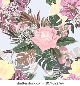 Seamless background with beautiful roses. Design for cloth, wallpaper, gift wrapping. Print for silk, calico and home textiles.Vintage natural pattern