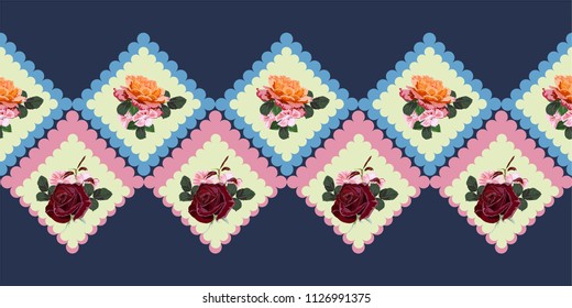 Seamless background with beautiful roses. Design for cloth, wallpaper, gift wrapping. Print for silk, calico and home textiles.Vintage natural pattern. Horizontal border.