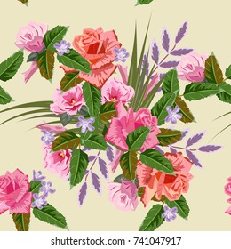 Seamless background with beautiful roses. Design for cloth, wallpaper, gift wrapping. Print for silk, calico and home textiles.Vintage natural pattern.Vector.