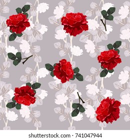Nahtloser Hintergrund mit schönen Rosen. Design für Stoff, Tapete, Geschenkverpackung. Drucken für Seide, Kalico und Heimtextilien.Vintage natürliches Muster.Vektor.