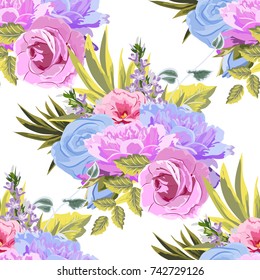 Seamless background with beautiful roses. Design for cloth, wallpaper, gift wrapping. Print for silk, calico and home textiles.Vintage natural pattern