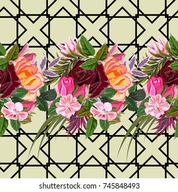 Seamless background with beautiful roses. Design for cloth, wallpaper, gift wrapping. Print for silk, calico and home textiles.Vintage natural pattern.Vector.