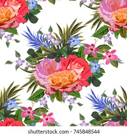 Seamless background with beautiful roses. Design for cloth, wallpaper, gift wrapping. Print for silk, calico and home textiles.Vintage natural pattern.Vector.