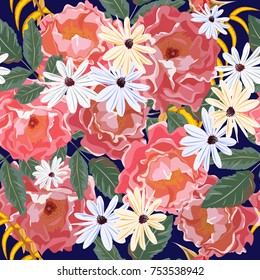 Seamless background with beautiful roses. Design for cloth, wallpaper, gift wrapping. Print for silk, calico and home textiles.Vintage natural pattern