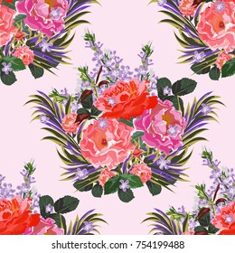 Seamless background with beautiful roses. Design for cloth, wallpaper, gift wrapping. Print for silk, calico and home textiles.Vintage natural pattern