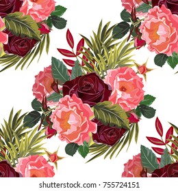 Seamless background with beautiful roses. Design for cloth, wallpaper, gift wrapping. Print for silk, calico and home textiles.Vintage natural pattern