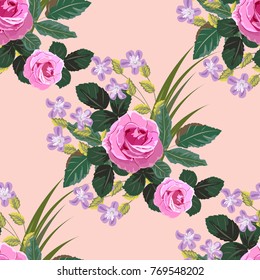 Seamless background with beautiful roses. Design for cloth, wallpaper, gift wrapping. Print for silk, calico and home textiles.Vintage natural pattern