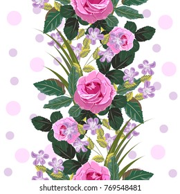 Seamless background with beautiful roses. Design for cloth, wallpaper, gift wrapping. Print for silk, calico and home textiles.Vintage natural pattern.Vertical border.