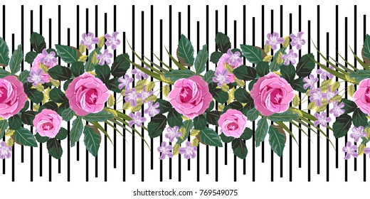 Seamless background with beautiful roses. Design for cloth, wallpaper, gift wrapping. Print for silk, calico and home textiles.Vintage natural pattern.Horizontal border.