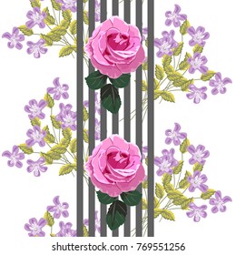 Seamless background with beautiful roses. Design for cloth, wallpaper, gift wrapping. Print for silk, calico and home textiles.Vintage natural pattern.Vertical border.