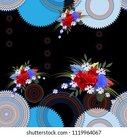 Seamless background with beautiful roses and geometric ornaments. Design for cloth, wallpaper, gift wrapping. Print for silk, calico and home textiles.Vintage natural pattern