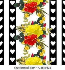 Seamless background with beautiful roses and hearts. Design for cloth, wallpaper, gift wrapping. Print for silk, calico, home textiles.Vintage natural pattern. Vertical border.