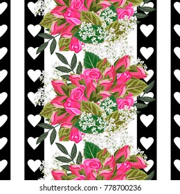 Seamless background with beautiful roses and hearts. Design for cloth, wallpaper, gift wrapping. Print for silk, calico, home textiles.Vintage natural pattern. Vertical border.