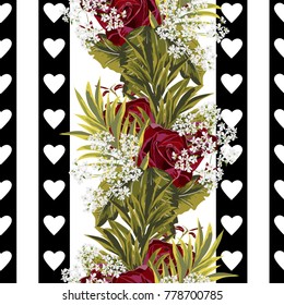 Seamless background with beautiful roses and hearts. Design for cloth, wallpaper, gift wrapping. Print for silk, calico, home textiles.Vintage natural pattern. Vertical border.