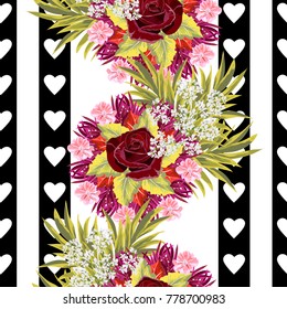 Seamless background with beautiful roses and hearts. Design for cloth, wallpaper, gift wrapping. Print for silk, calico, home textiles.Vintage natural pattern. Vertical border.