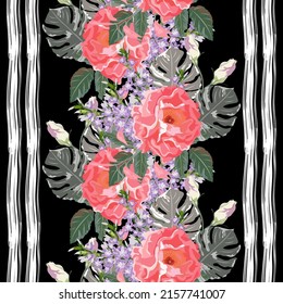 Fondo sin mar con hermosas rosas, lilas y hojas de monstera. Diseño de tela, papel pintado, envoltura de regalo. Imprimir para seda, calico y textiles para el hogar.Patrón natural vintage.Borde vertical