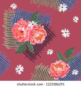 Seamless background with beautiful roses and wicker fabric. Design for cloth, wallpaper, gift wrapping. Print for silk, calico and home textiles. Vintage natural pattern