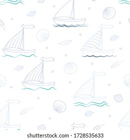 seamless background with beautiful sea ships and seashells - vector illustration, eps