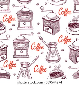 seamless background of beautiful sketch grinders and cups of coffee. hand-drawn illustration