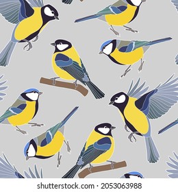 Seamless background. Beautiful tits. Yellow-blue little birds. 