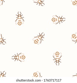 Seamless background bee gender neutral baby pattern. Simple whimsical minimal earthy 2 tone color. Kids nursery wallpaper or boho woodland nature fashion all over print.