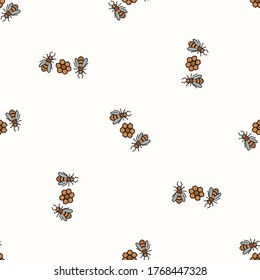 Seamless background bee and honeycomb gender neutral baby pattern. Simple whimsical minimal earthy 2 tone color. Kids nursery wallpaper or boho woodland nature fashion all over print.