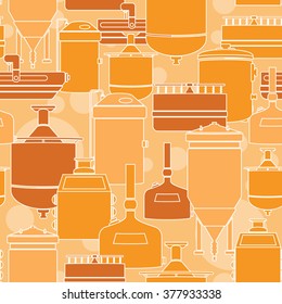 Seamless background with beer brewing process, production beer, brewery factory production elements. Vector repeating texture