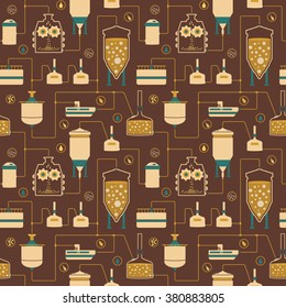 Seamless background with beer brewing process, production beer, brewery factory production elements, traditional beer crafting. Vector repeating texture