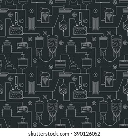 Seamless background with beer brewing process, production beer, brewery factory production elements, traditional beer crafting. Vector repeating texture