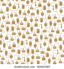 Seamless background with beer brewing process, production beer, brewery factory production elements, traditional beer crafting. Vector repeating texture