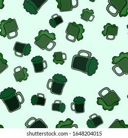 Seamless background with beer for St. Patrick's day. Hand-drawn vector illustration.Ideal for gift paper, patterns, textiles, St. Patrick's day greeting cards.