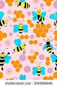 seamless background with bees honeycomb flowers pattern