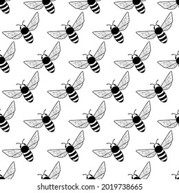 Seamless background. Bees isolated on white background. Realistic design. Coloring page. Black outline. 