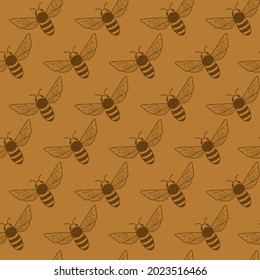 Seamless background. Bees isolated on orange background. Brown line on an orange background. 
