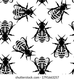 Seamless background with bees. Vector monochrome pattern.