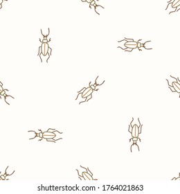 Seamless background beetle bug gender neutral baby pattern. Simple whimsical minimal earthy 2 tone color. Kids nursery wallpaper or boho woodland nature fashion all over print.
