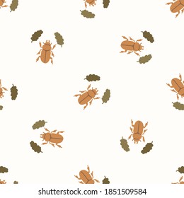 Seamless background beetle insect gender neutral pattern. Whimsical minimal earthy 2 tone color. kids nursery wallpaper or boho cartoon bug fashion all over print.