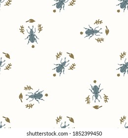Seamless background beetle insect gender neutral pattern. Whimsical minimal earthy 2 tone color. kids nursery wallpaper or boho cartoon bug fashion all over print.