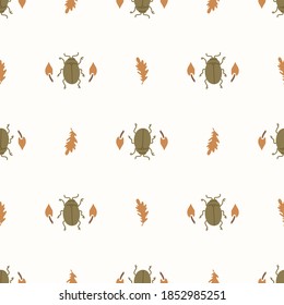 Seamless background beetle insect gender neutral pattern. Whimsical minimal earthy 2 tone color. kids nursery wallpaper or boho cartoon bug fashion all over print.