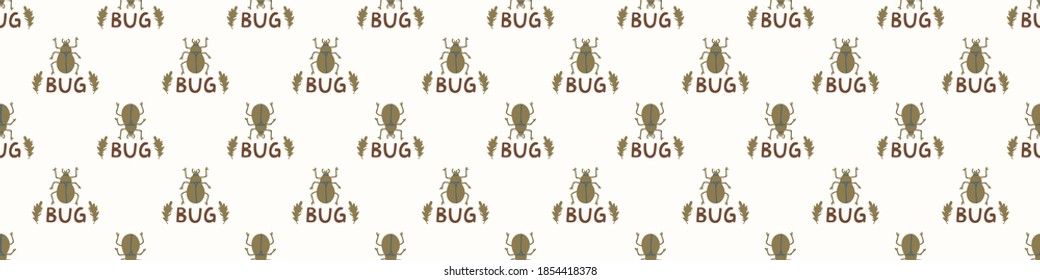 Seamless background beetle insect gender neutral baby border pattern. Simple whimsical minimal earthy 2 tone color. Kids nursery wildlife bug edging fashion trim.